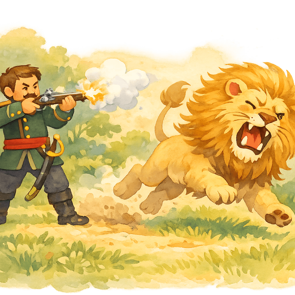 Солдат стреляет, лев в испуге убегает