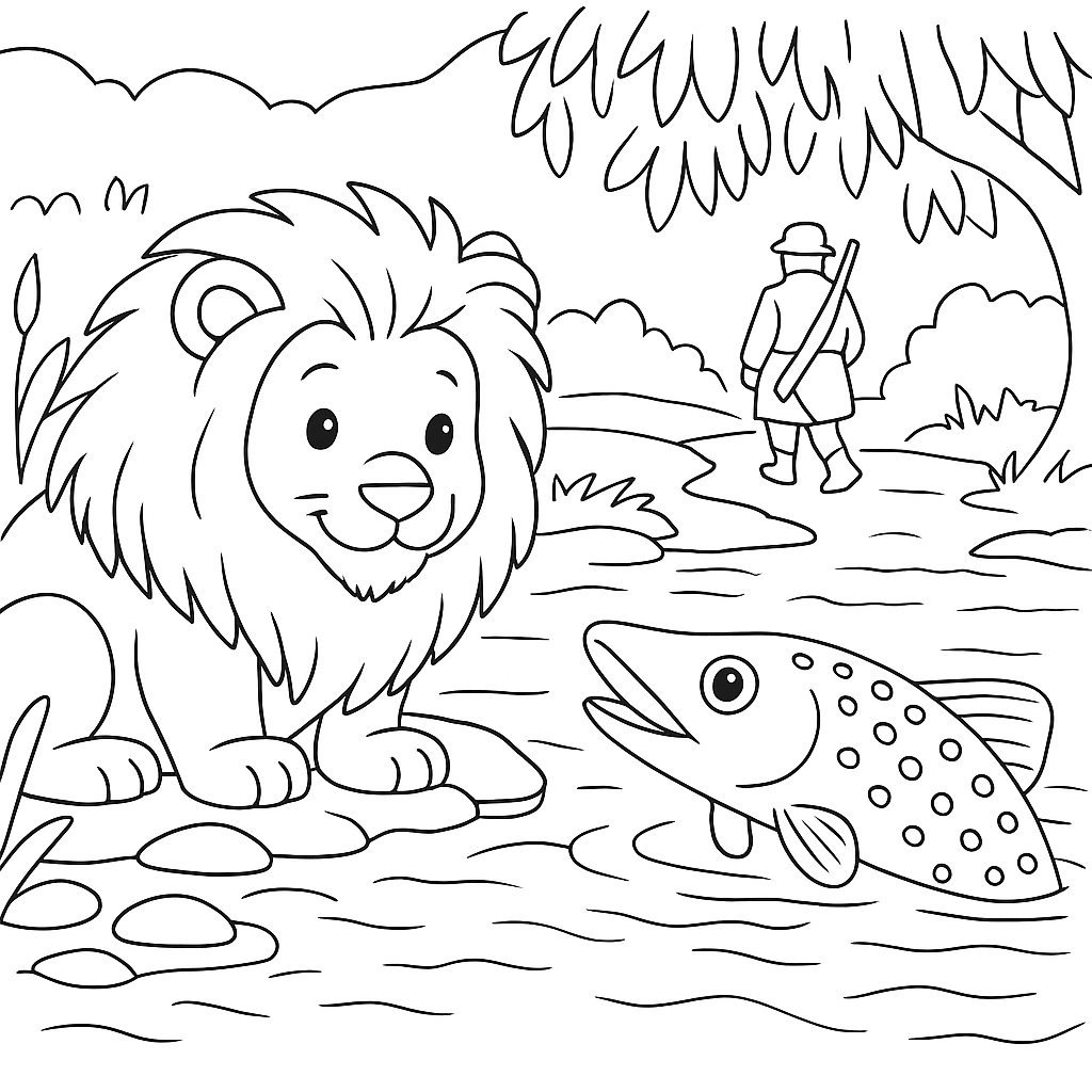 Раскраска по сказке "Лев, щука и человек"