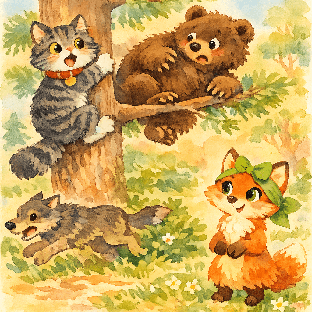 Кот лезет на сосну, медведь пугается