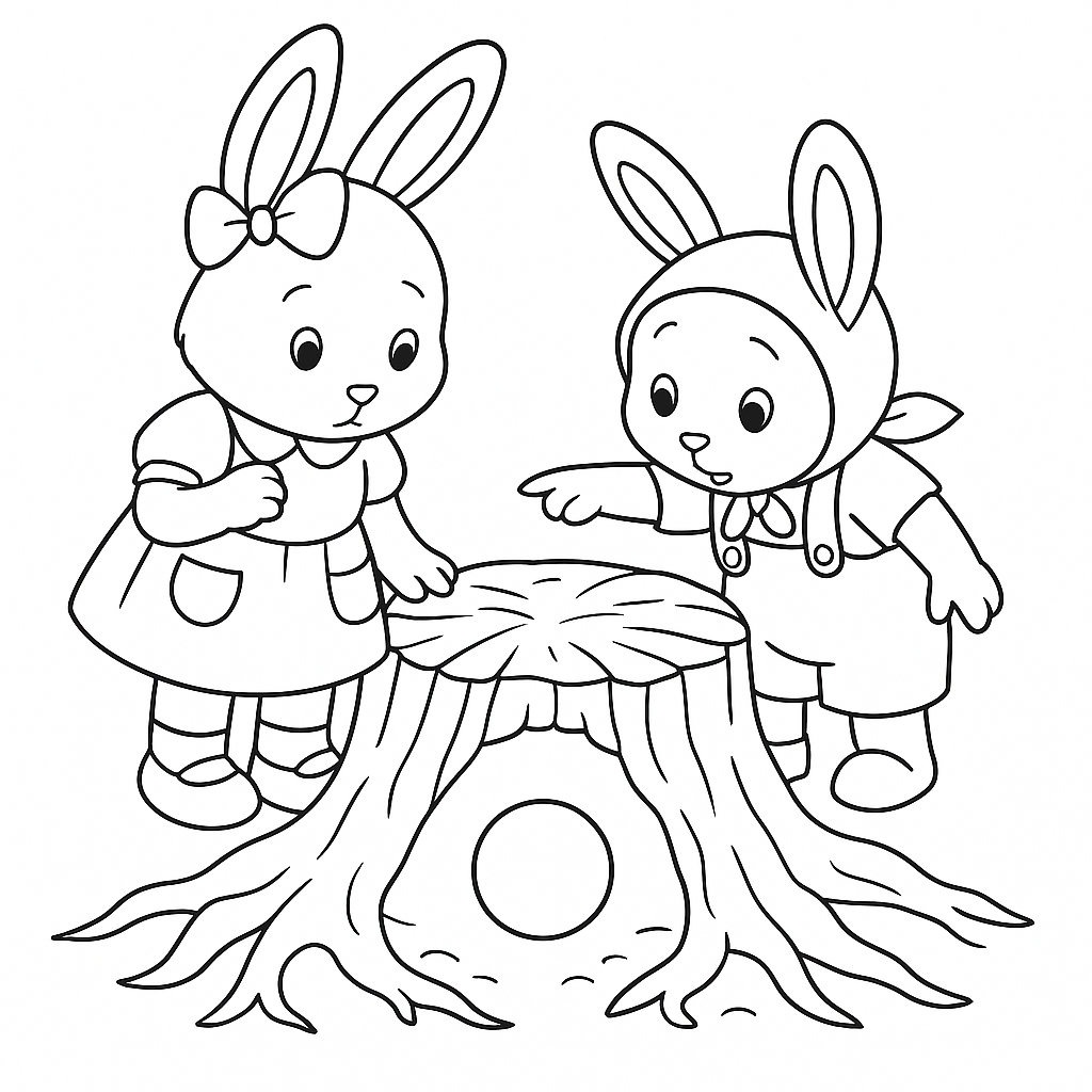 Раскраска по сказке "Зайки Плюша и Тая и синий мячик в ямке"