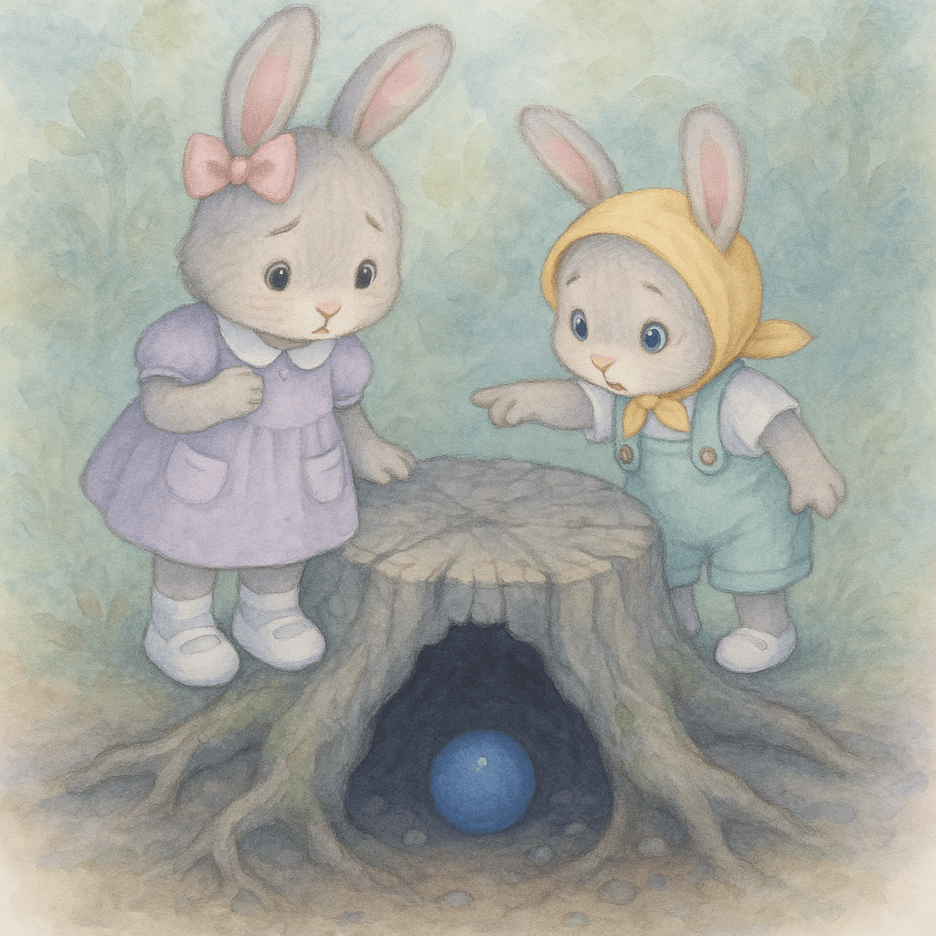 Зайки заглядывают в тёмную ямку, где лежит мяч