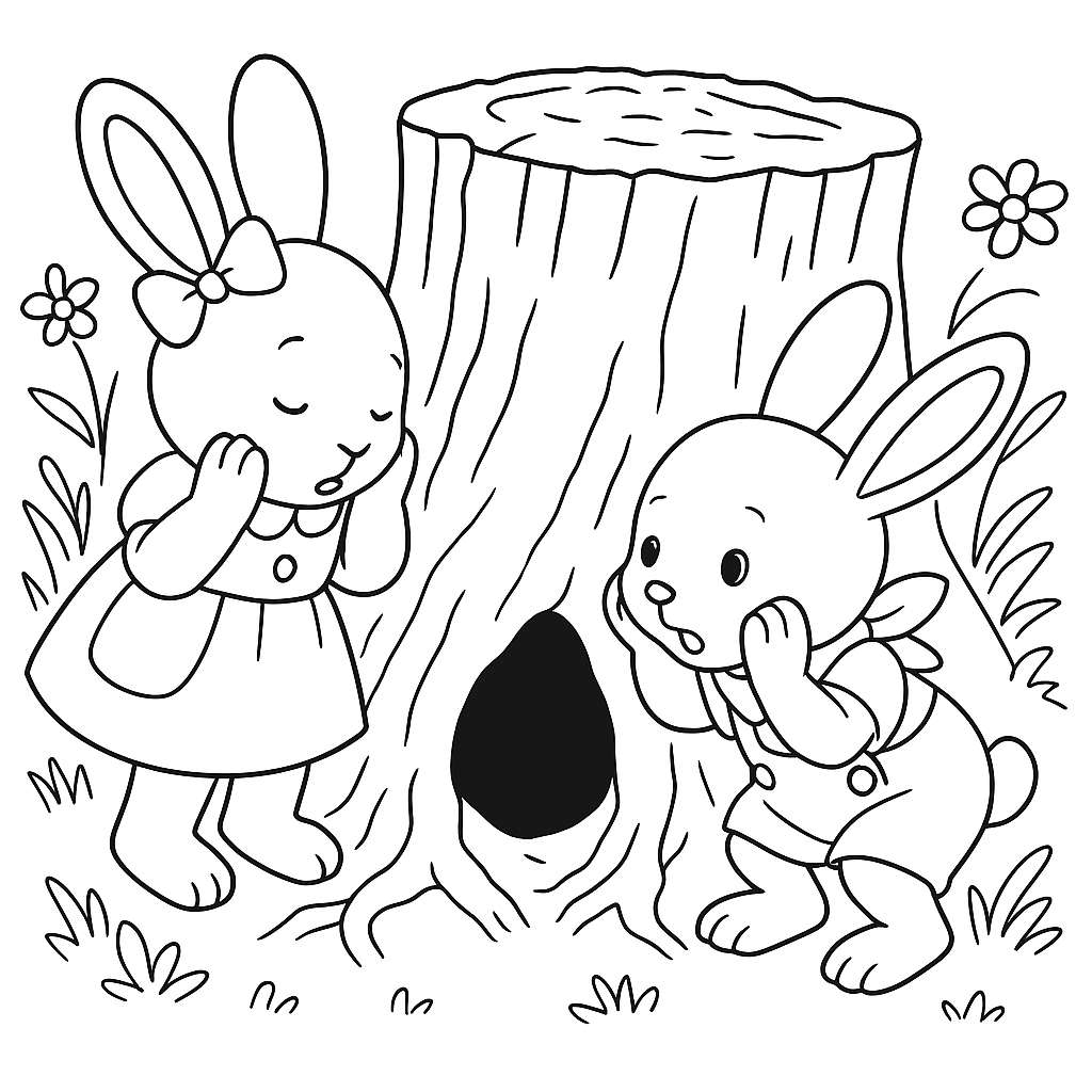 Раскраска по сказке "Зайки Плюша и Тая и синий мячик в ямке"