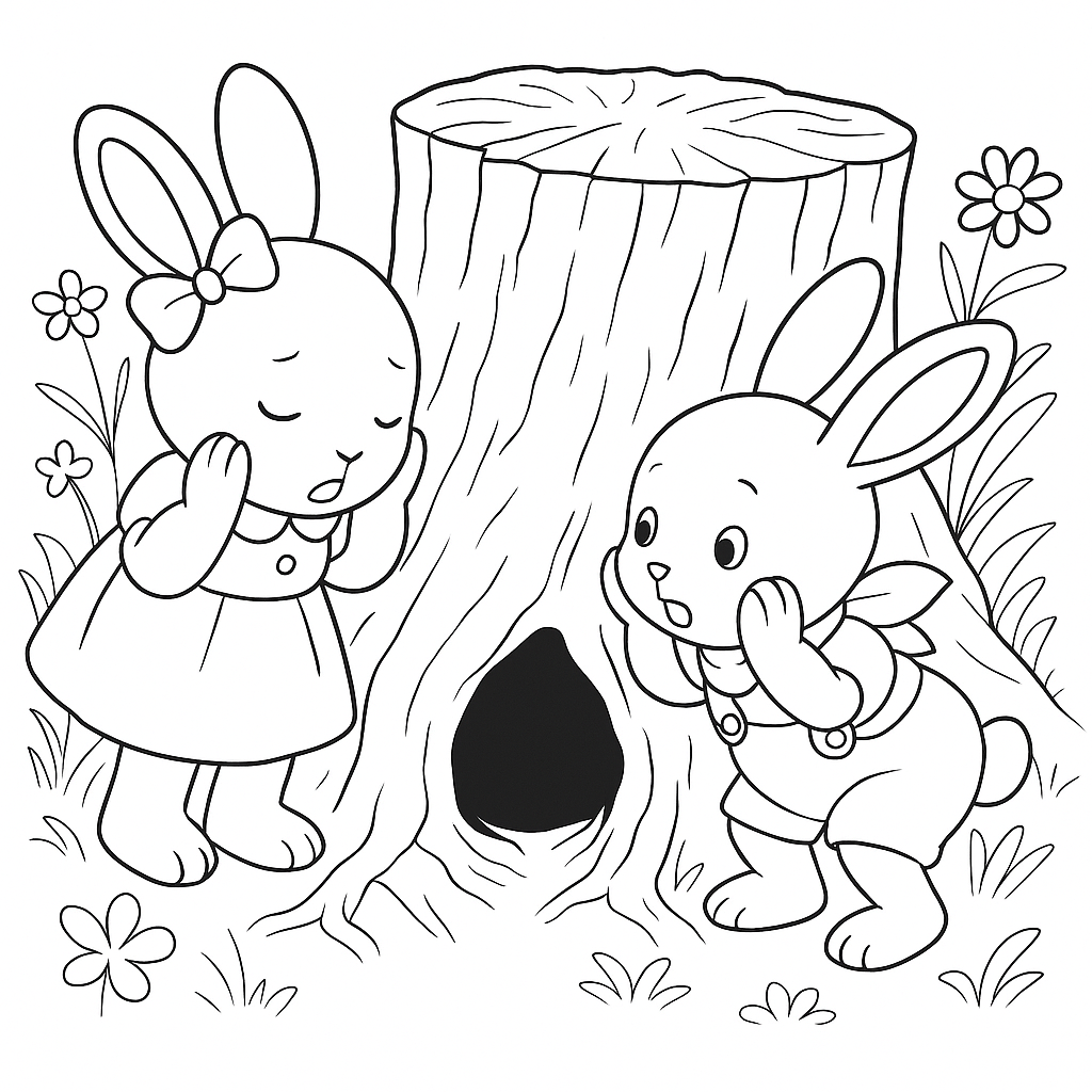 Раскраска по сказке "Зайки Плюша и Тая и синий мячик в ямке"