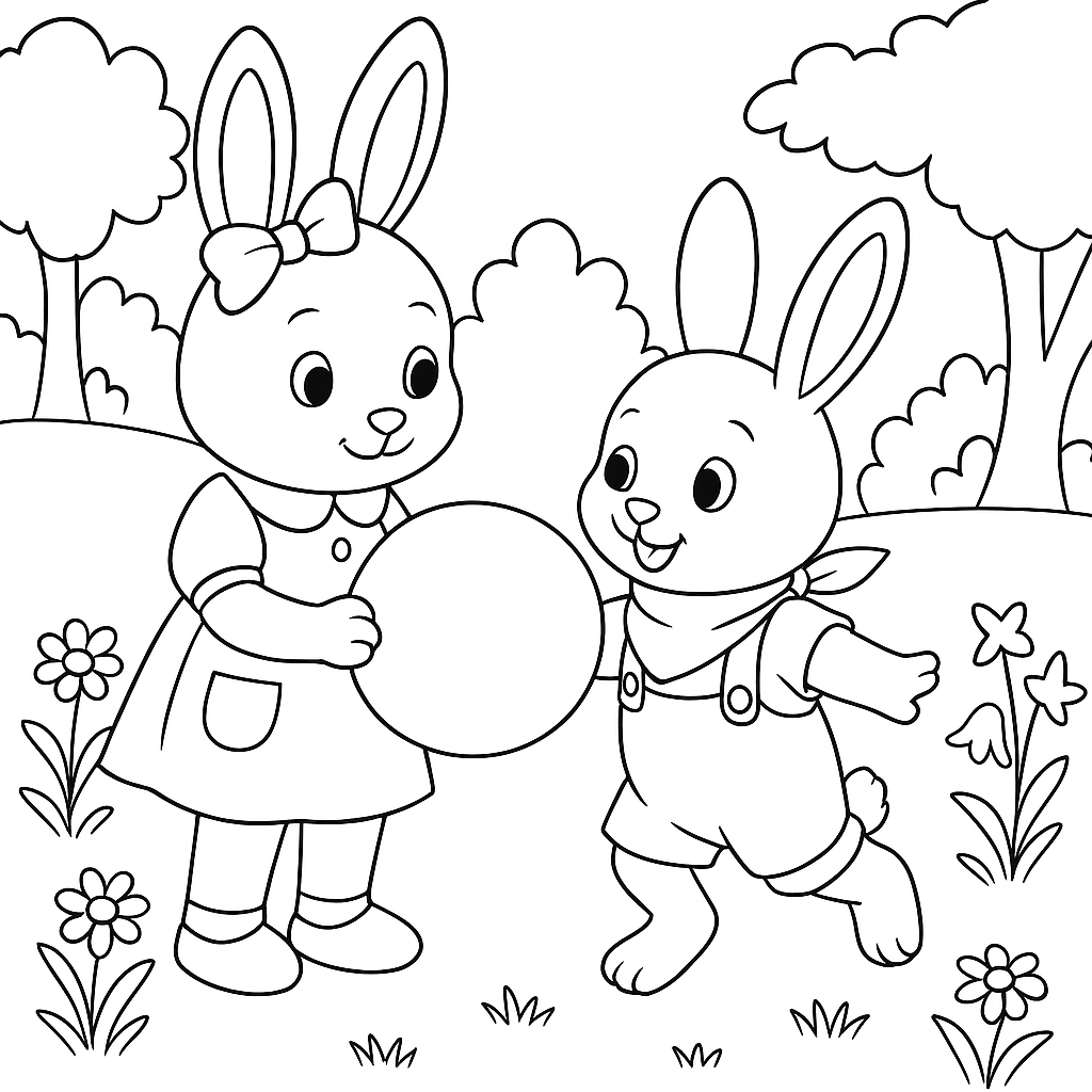 Раскраска по сказке "Зайки Плюша и Тая и синий мячик в ямке"