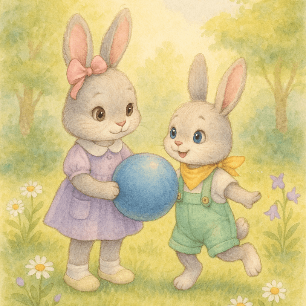 Плюша и Тая с большим синим мячом на полянке