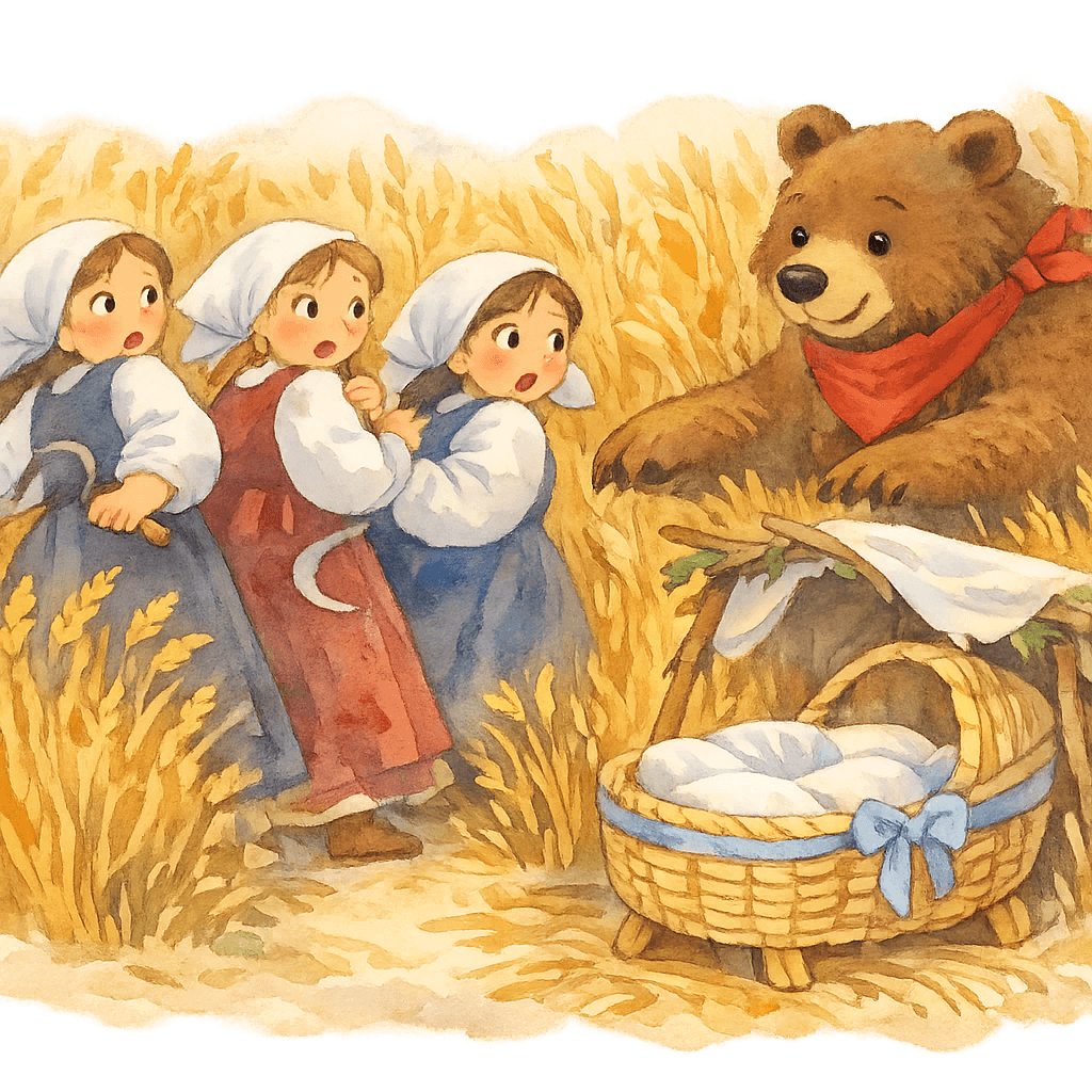 Медведь подкрадывается к жницам и хватает люльку