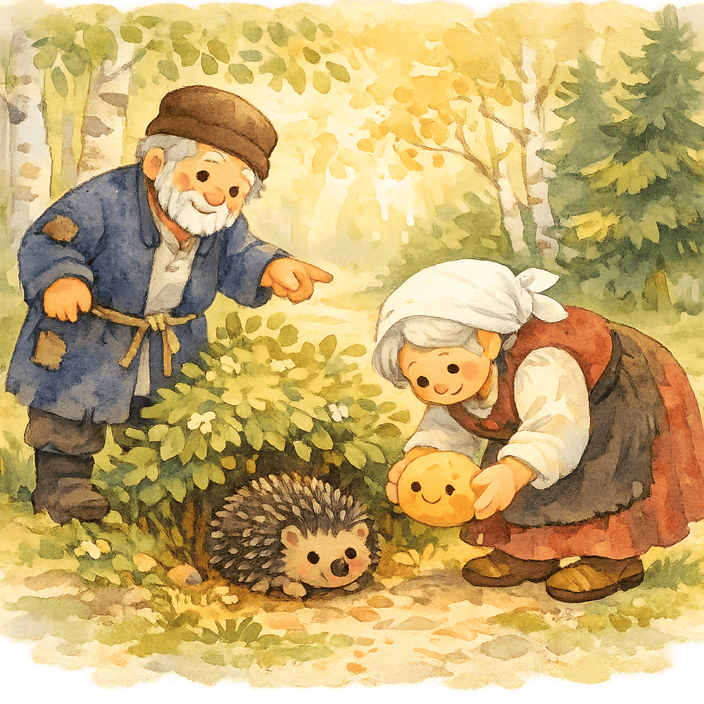 Старик указывает на «колючего колобка» под кустом