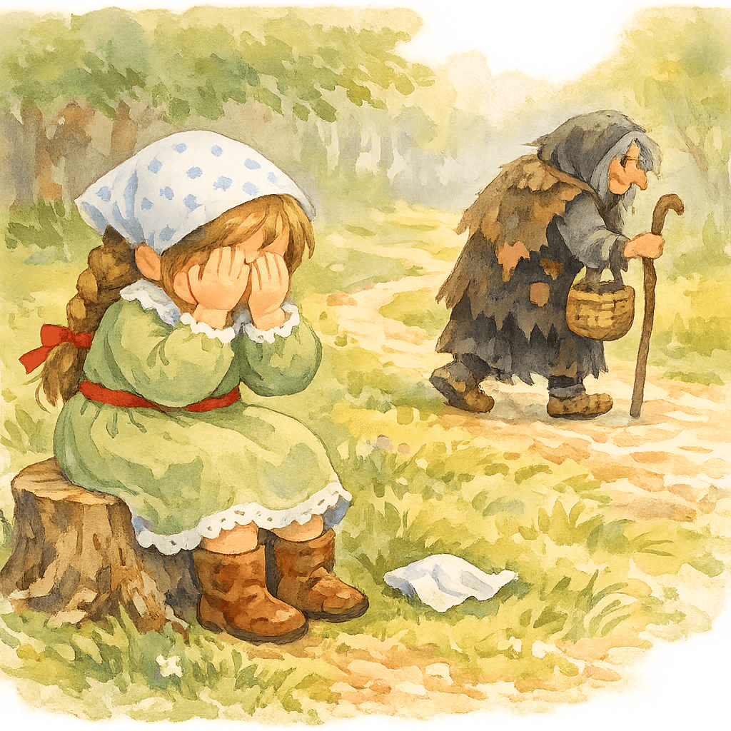 Девочка плачет на пеньке, а Яга уходит с корзинкой