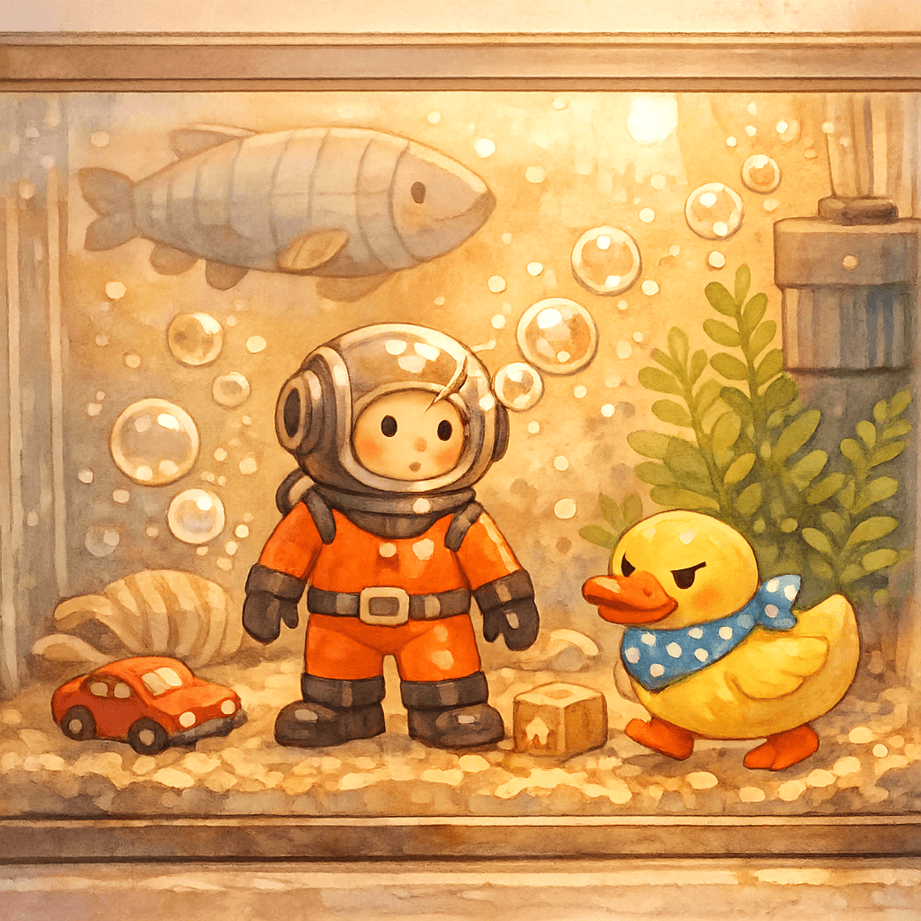 Игрушки оживают ночью в густой воде аквариума