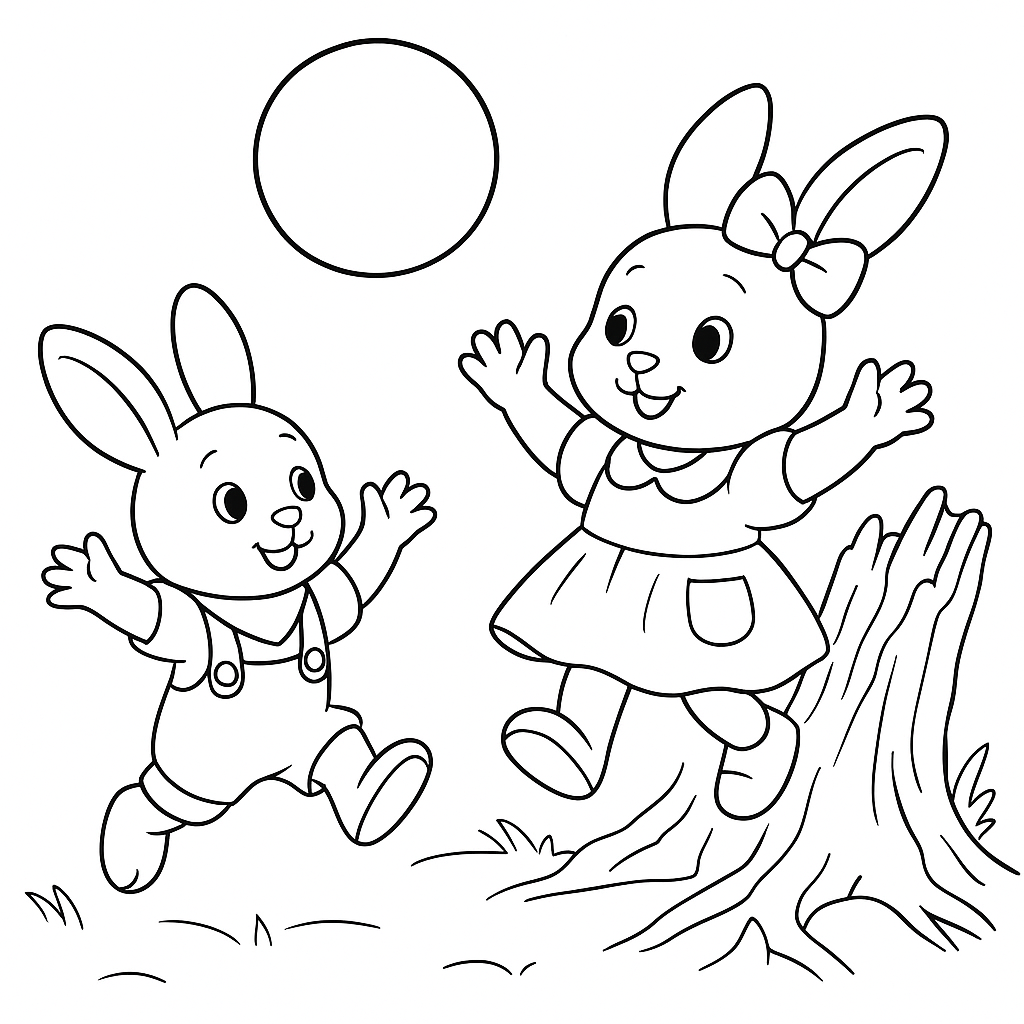 Раскраска по сказке "Зайки Плюша и Тая и синий мячик в ямке"