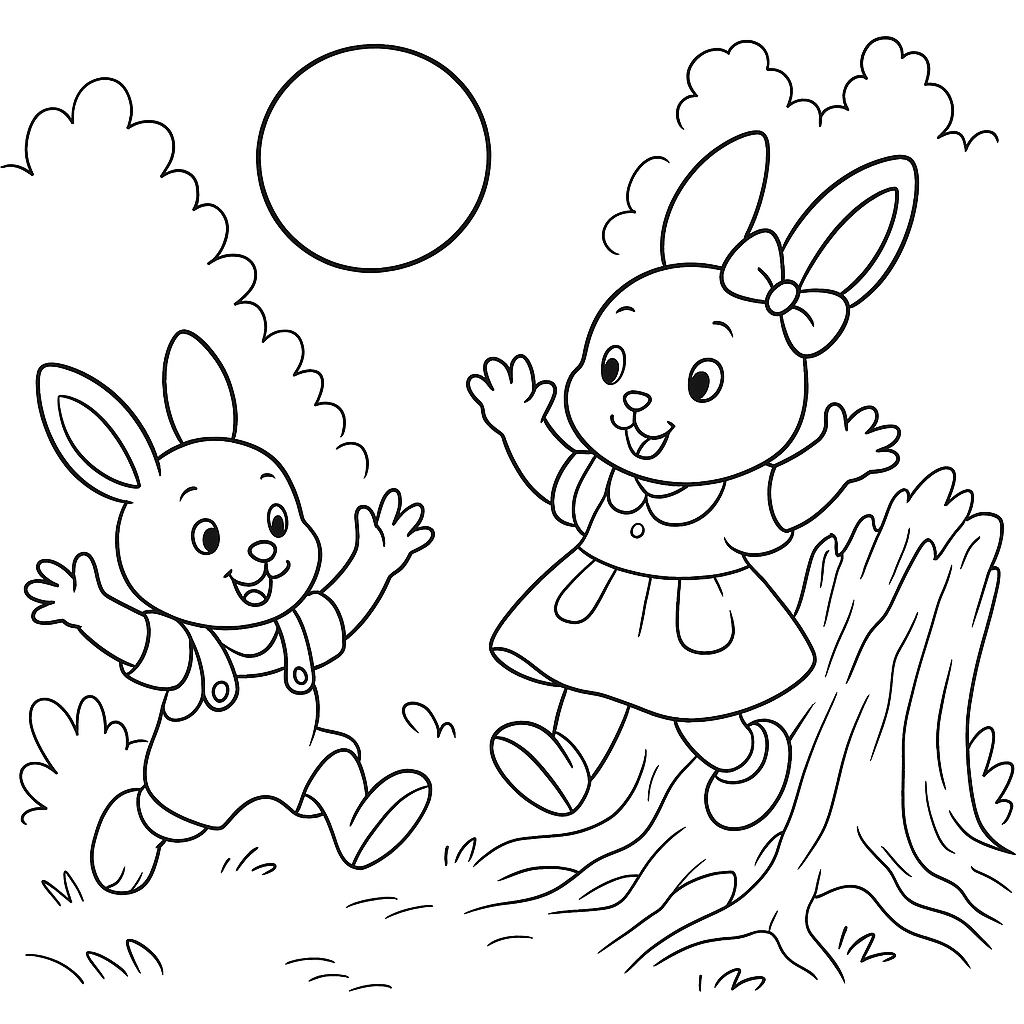 Раскраска по сказке "Зайки Плюша и Тая и синий мячик в ямке"