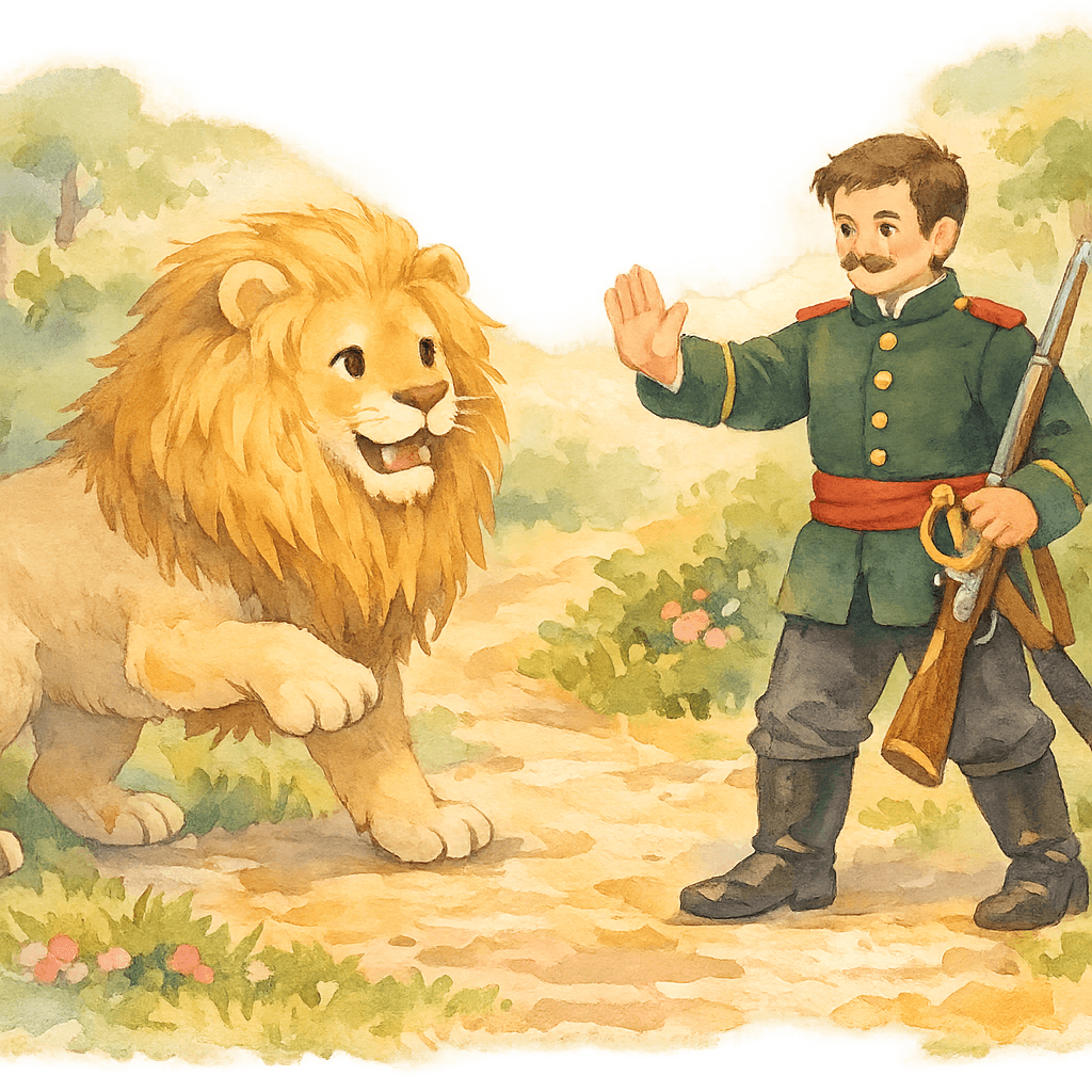 Солдат обманывает льва и просит раскрыть пасть