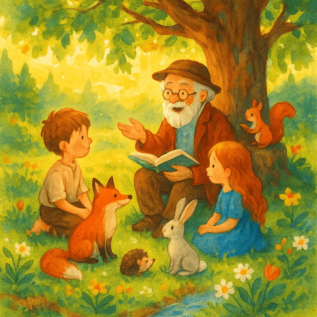 Солнечная лесная поляна, дети слушают рассказ мудрого писателя у большого дерева, рядом зверята. Иллюстрация в стиле Михаила Пришвина.