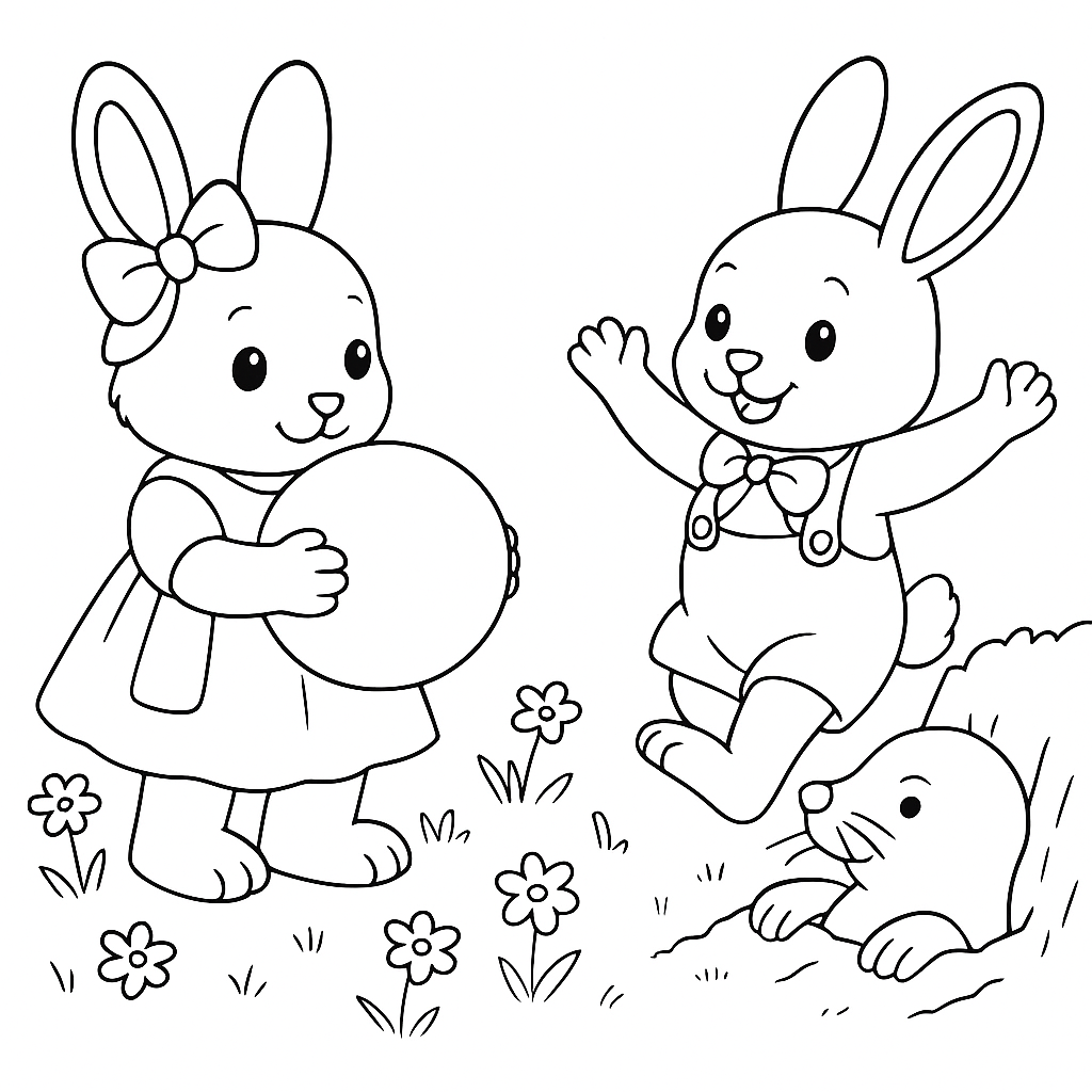 Раскраска по сказке "Зайки Плюша и Тая и синий мячик в ямке"