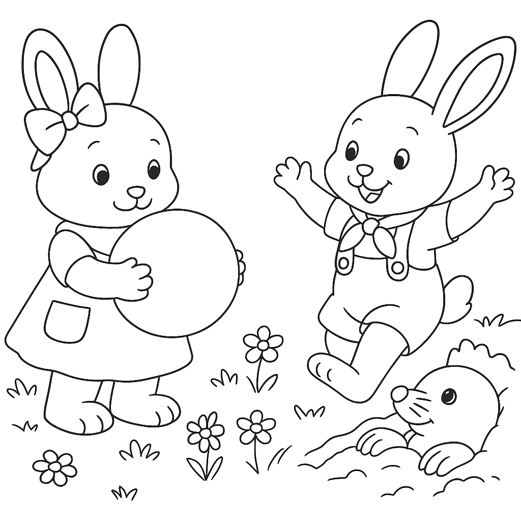 Раскраска по сказке "Зайки Плюша и Тая и синий мячик в ямке"