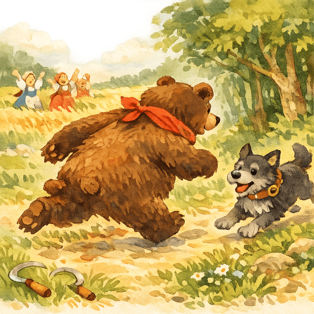 Полкан догоняет медведя у кромки леса