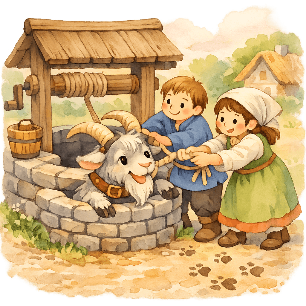 Люди вытаскивают козла из колодца за рога