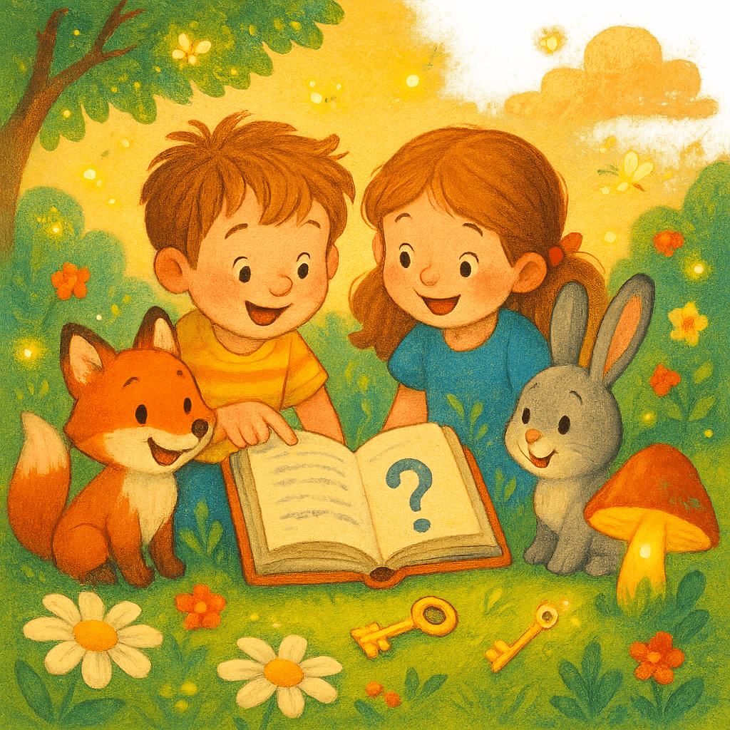 Дети и зверята разгадывают загадку на солнечной поляне, атмосфера радости, дружбы и смекалки.