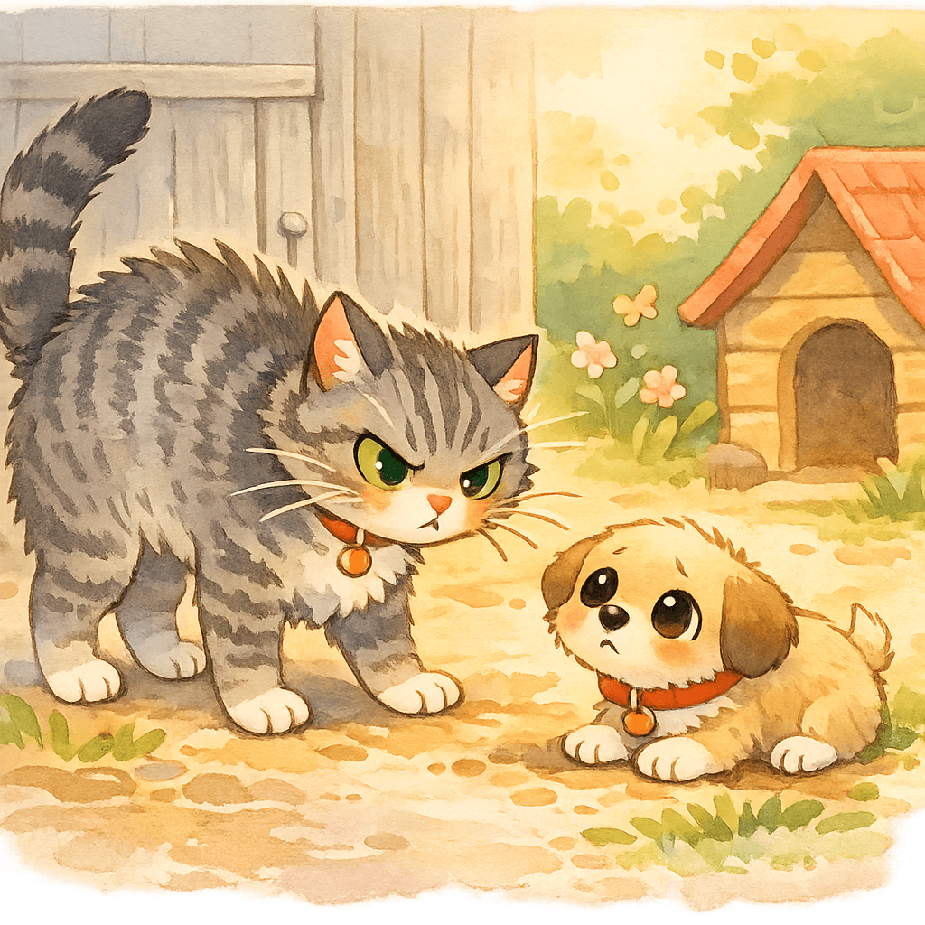 Кошка Клаша сердится на щенка за попытку охоты на мышей