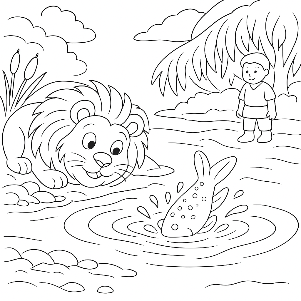 Раскраска по сказке "Лев, щука и человек"