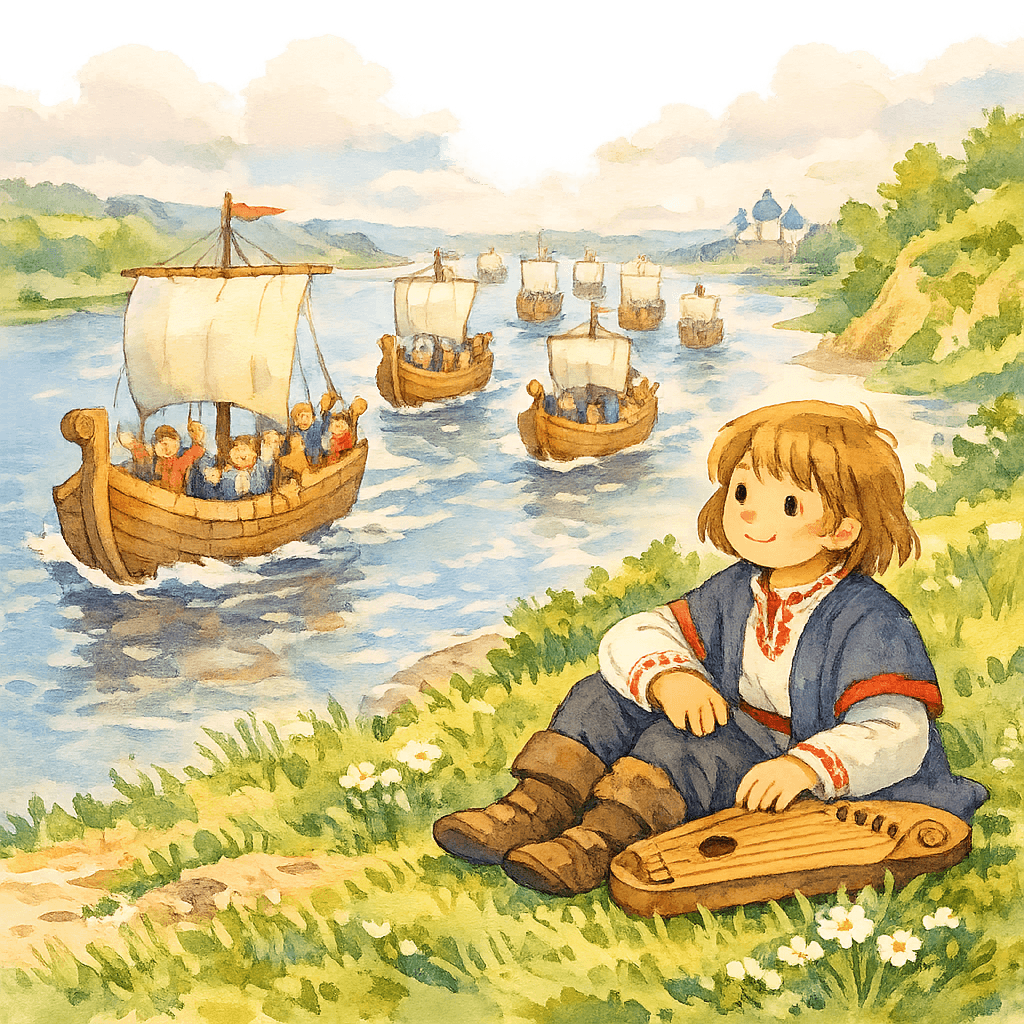 Садко просыпается на берегу Чернавы, корабли идут по Волхову