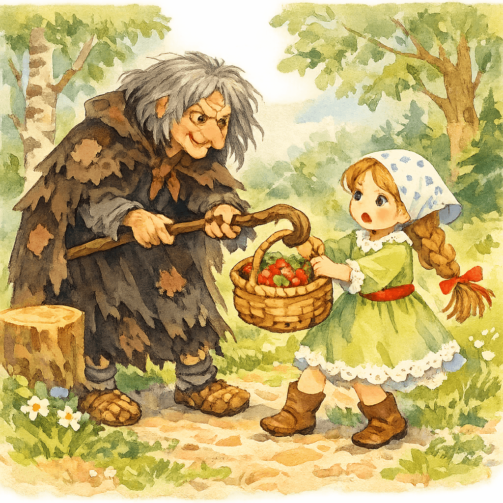 Баба Яга отнимает у девочки корзинку с ягодами