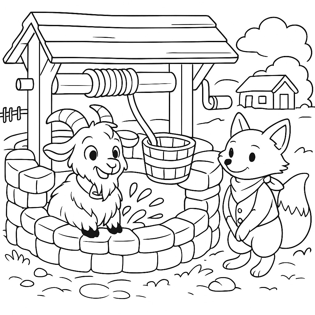 Раскраска по сказке "Лиса и козел"