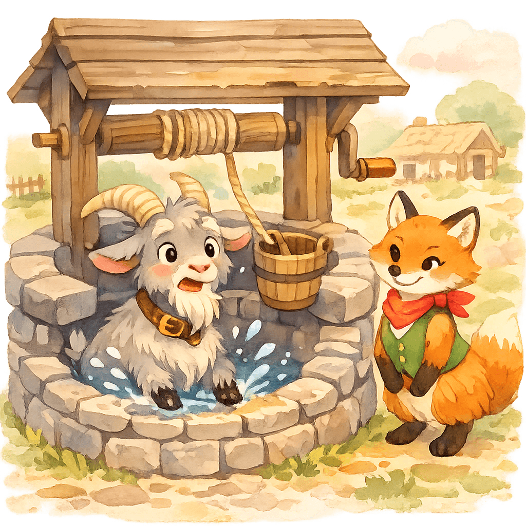 Козёл прыгает в колодец, а лиса хитро улыбается