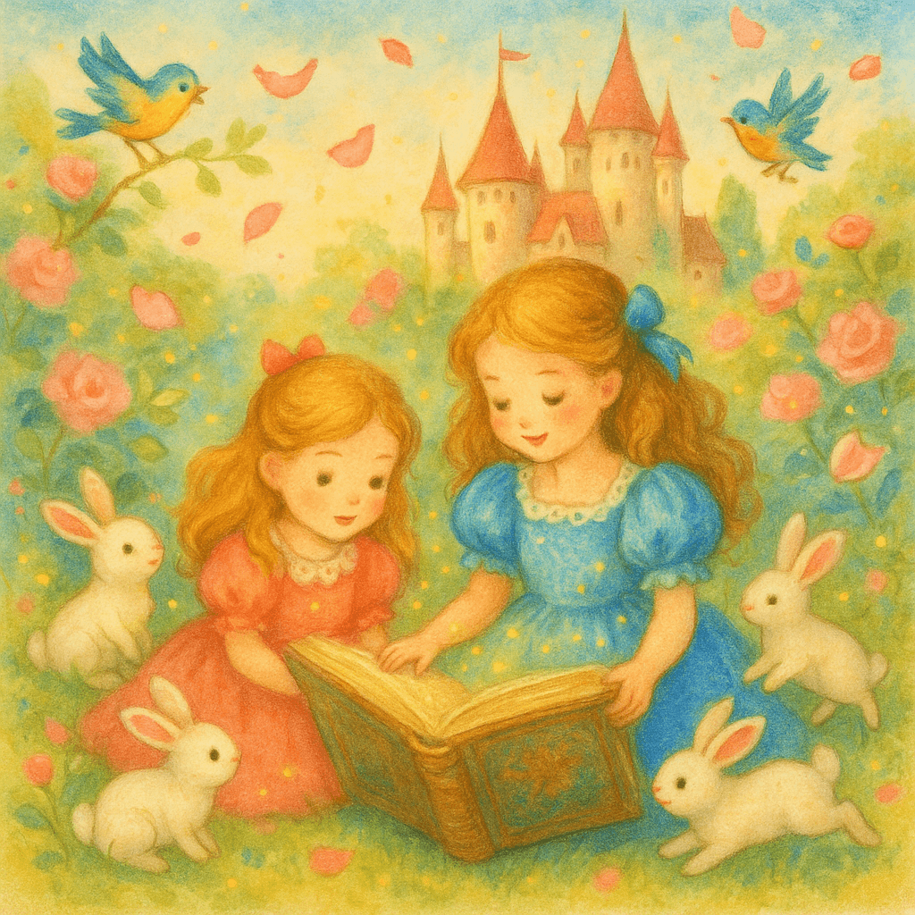 Две девочки в нарядных платьях читают волшебную книгу в цветущем саду у замка, вокруг белые кролики и поют птицы. Атмосфера французской сказки.