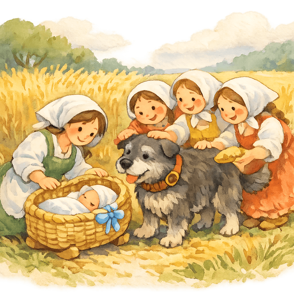 Жницы благодарят Полкана и кормят его хлебом