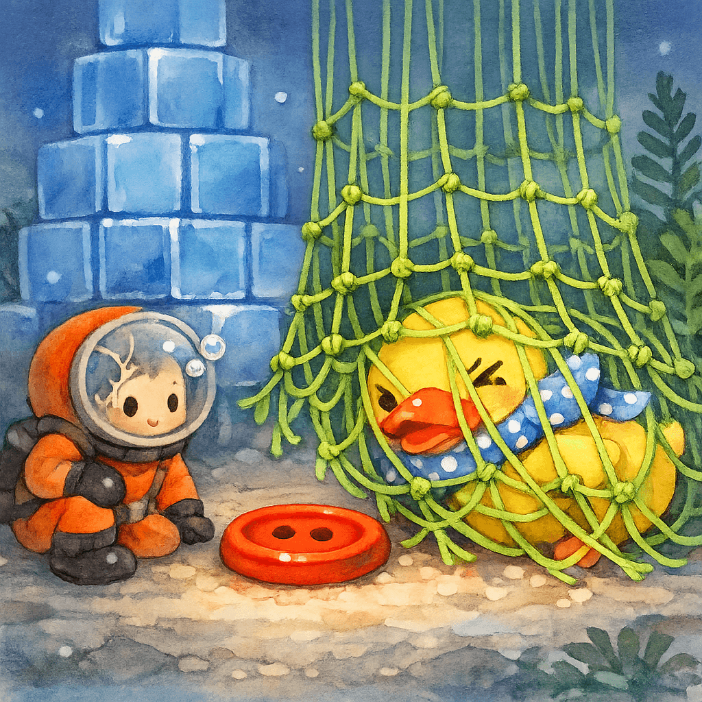 Утка по ошибке попадает в ловушку с зелёной сеткой