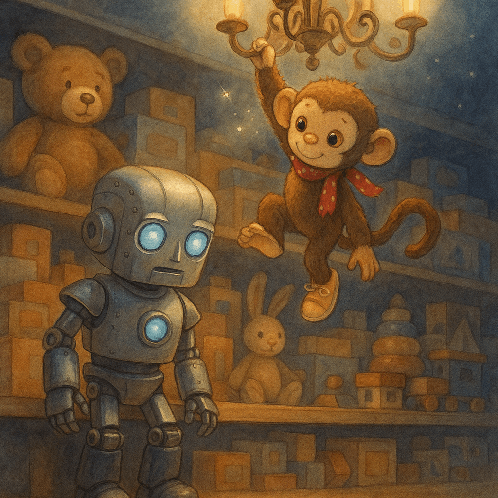 Ночью игрушки ожили: Броня на полке, Мими на люстре