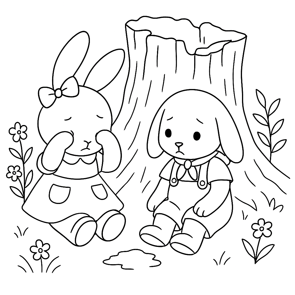 Раскраска по сказке "Зайки Плюша и Тая и синий мячик в ямке"