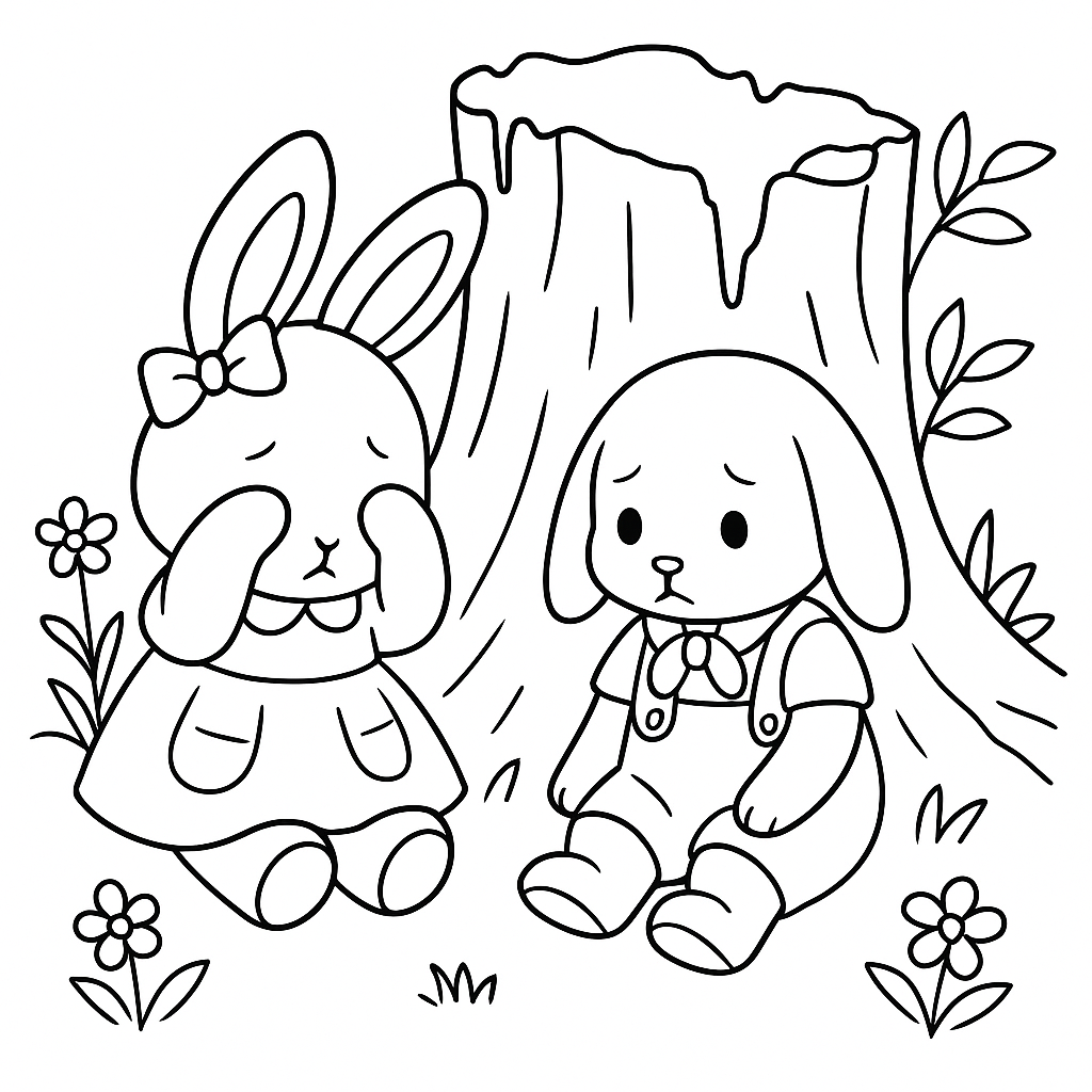 Раскраска по сказке "Зайки Плюша и Тая и синий мячик в ямке"