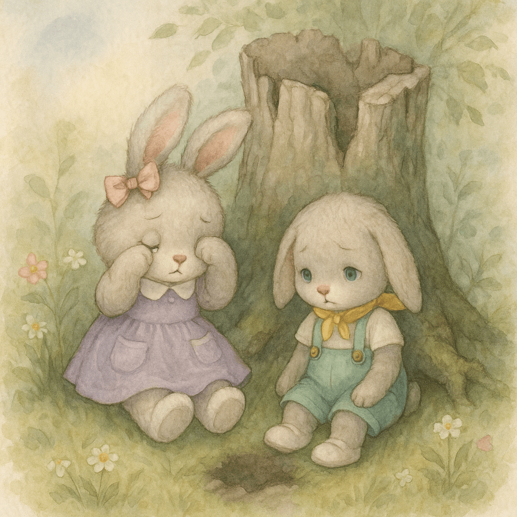 Зайки грустят у пня, думая, что мяч потерян