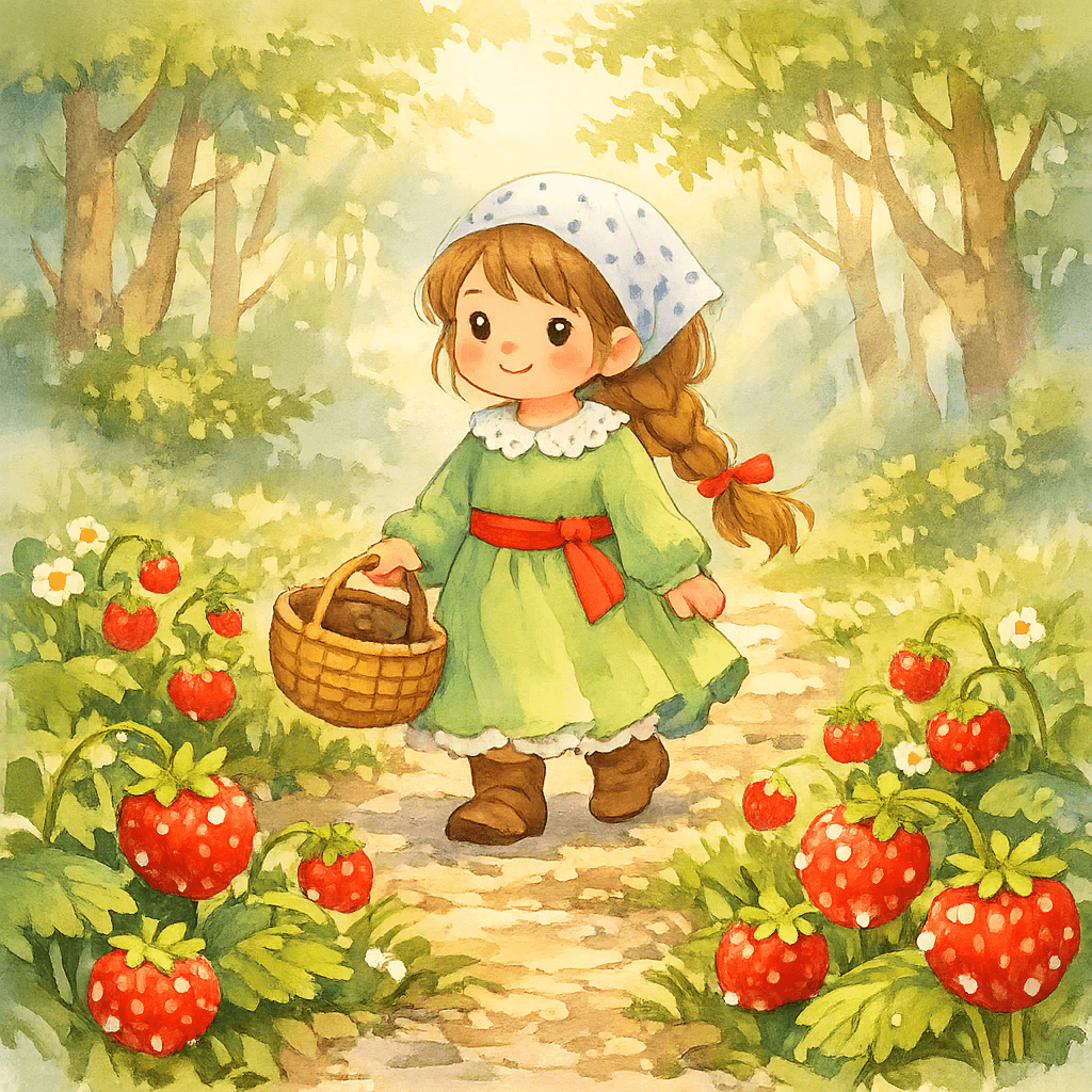 Девочка утром в лесу, а земляника сама показывает, где она