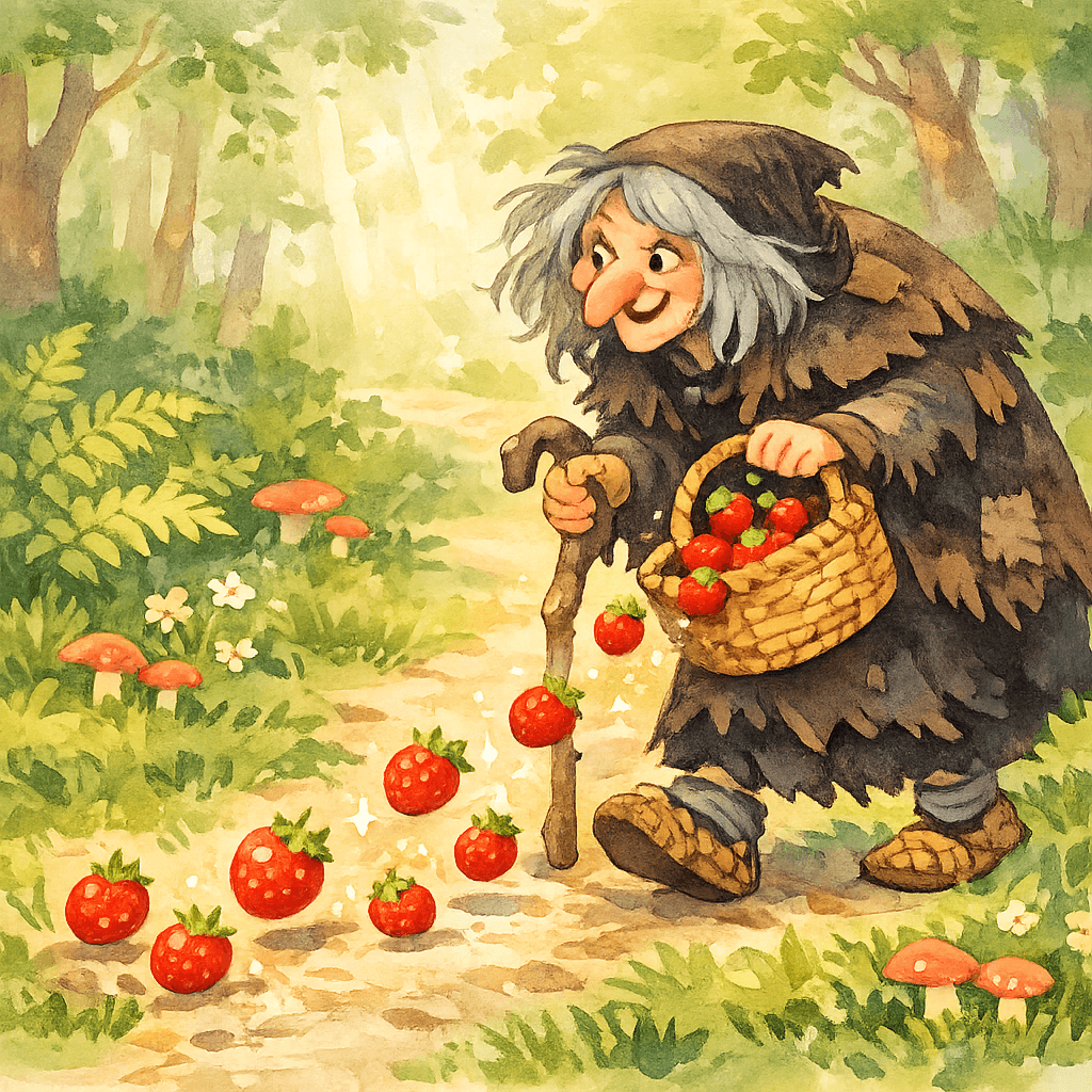 Ягоды выпрыгивают из корзинки Бабы Яги и катятся обратно