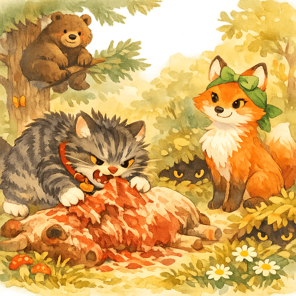 Котофей Иванович набрасывается на быка, звери прячутся