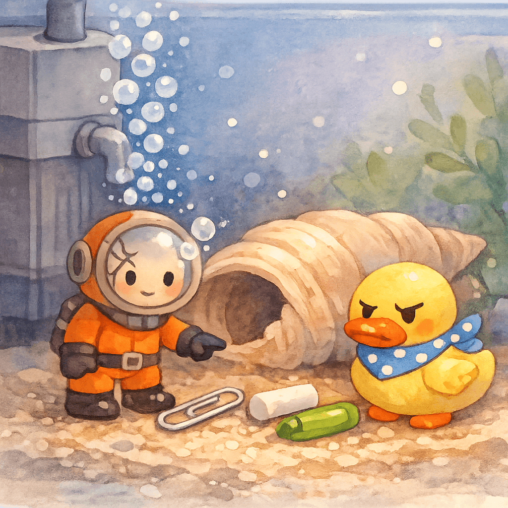 У фильтра они находят тайник со скрепкой, мелом и колпачком