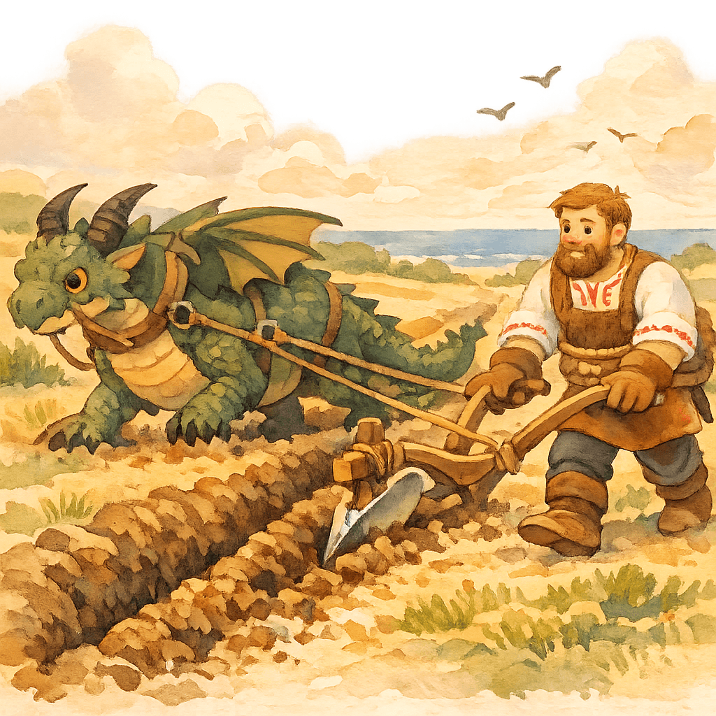 Никита прокладывает огромную борозду, запрягши змея в соху