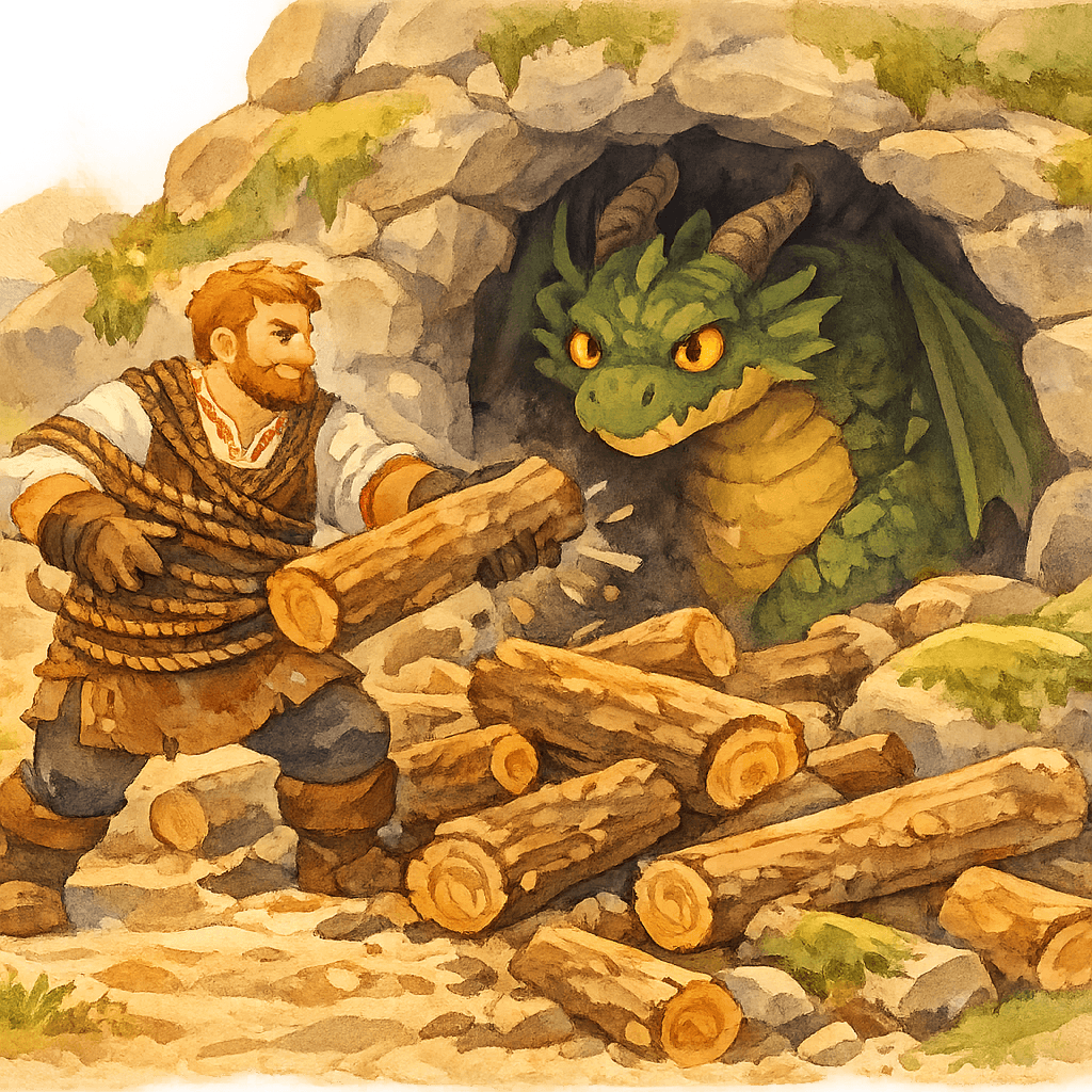 Никита разбирает брёвна у входа в змеиную берлогу