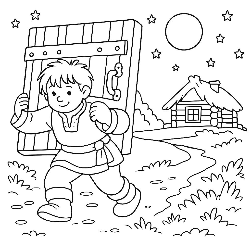 Раскраска по сказке "Как Иван-дурак дверь стерёг"