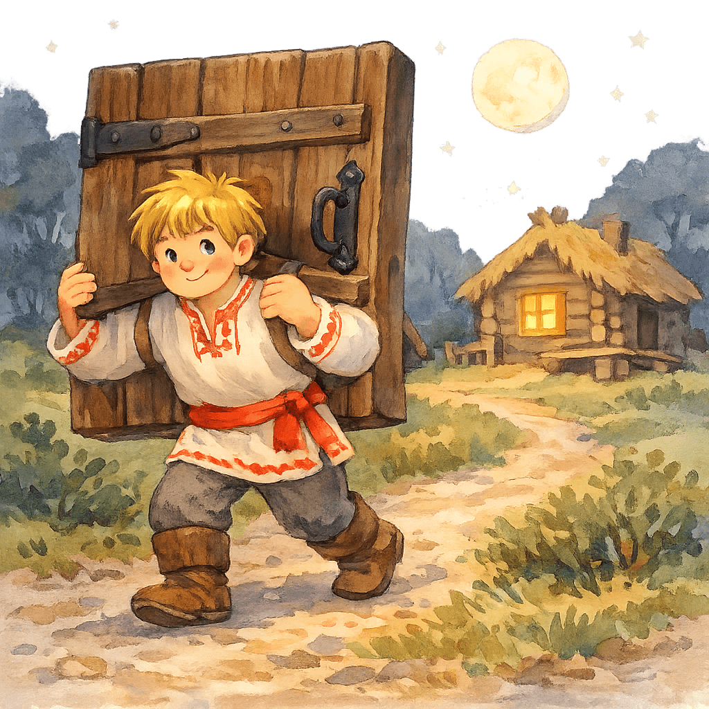 Иван несёт дверь по ночной дороге