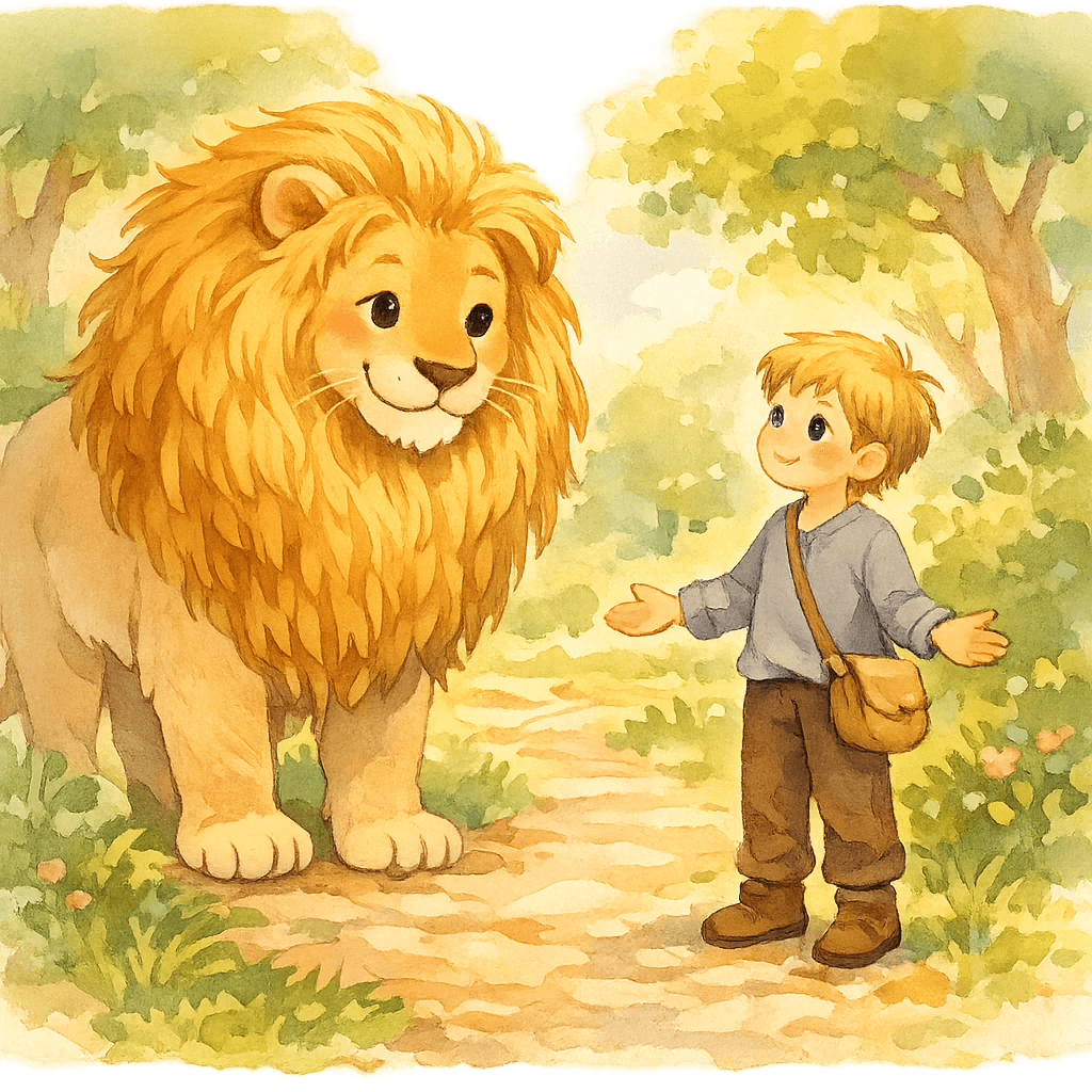 Лев встречает мальчика на тропинке