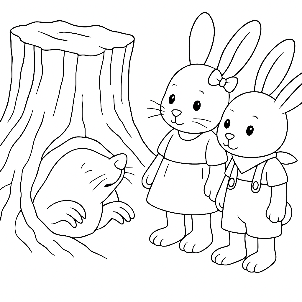 Раскраска по сказке "Зайки Плюша и Тая и синий мячик в ямке"