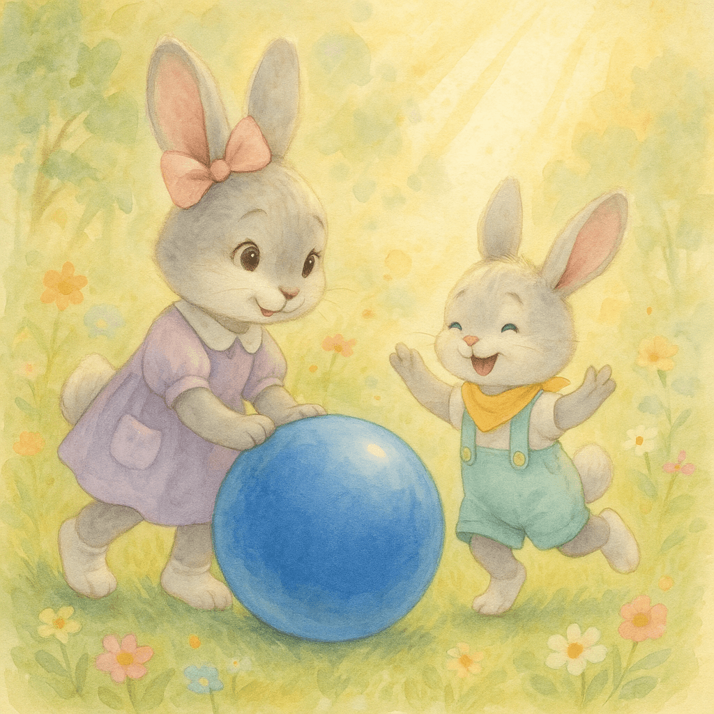 Плюша толкает мяч, Тая радостно догоняет