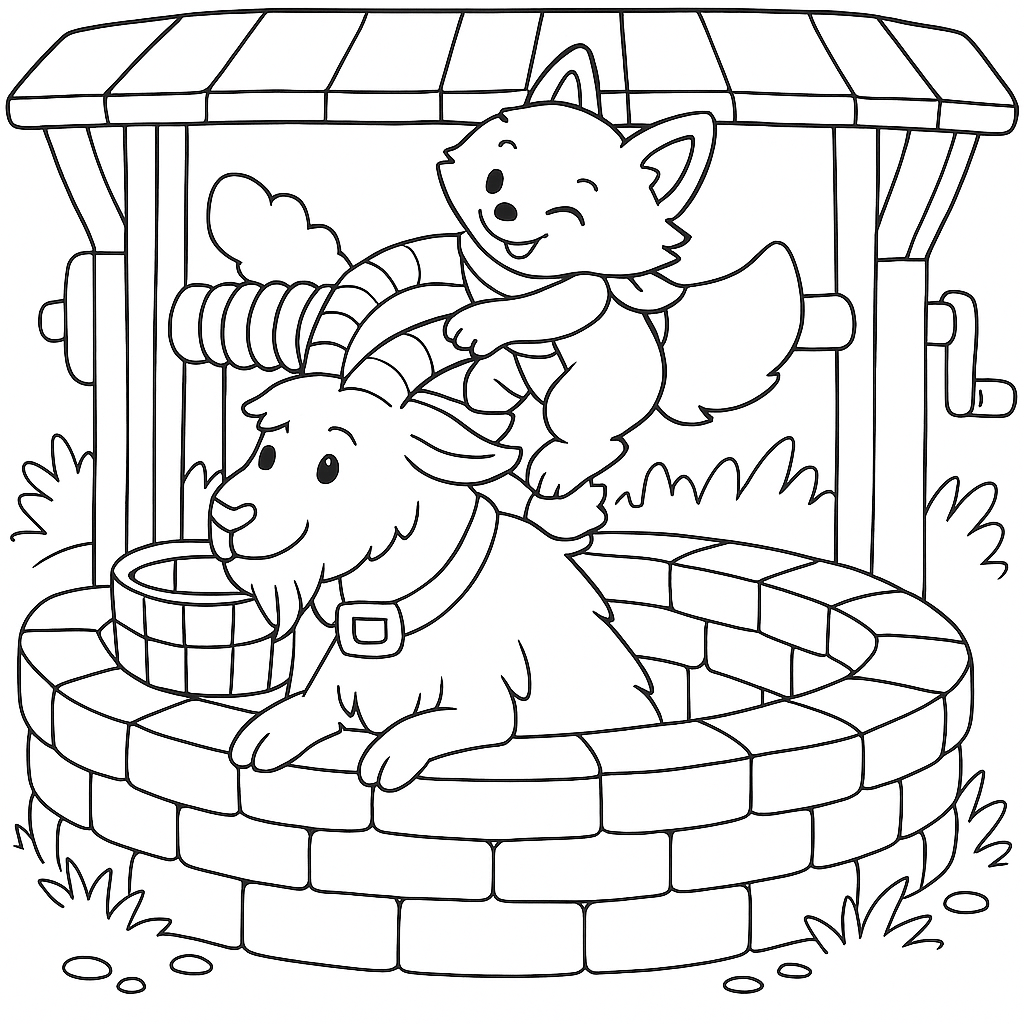 Раскраска по сказке "Лиса и козел"