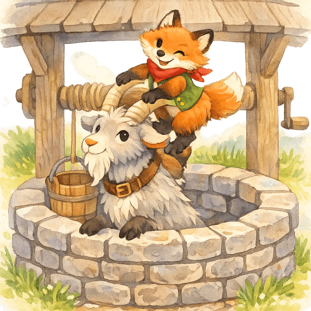 Лиса выбирается из колодца по спине и рогам козла