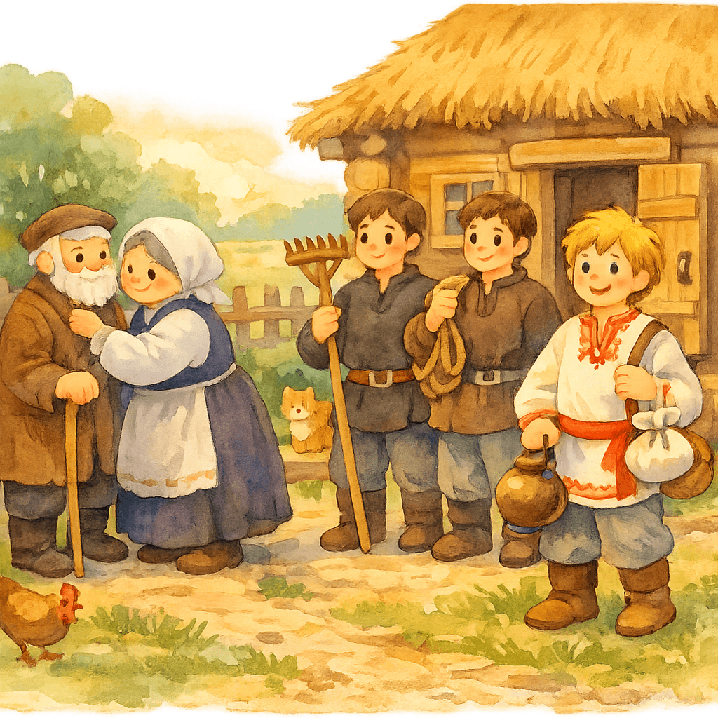 Семья собирается на работу у избы