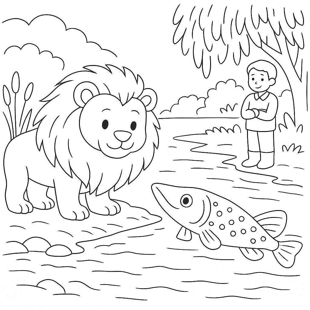 Раскраска по сказке "Лев, щука и человек"